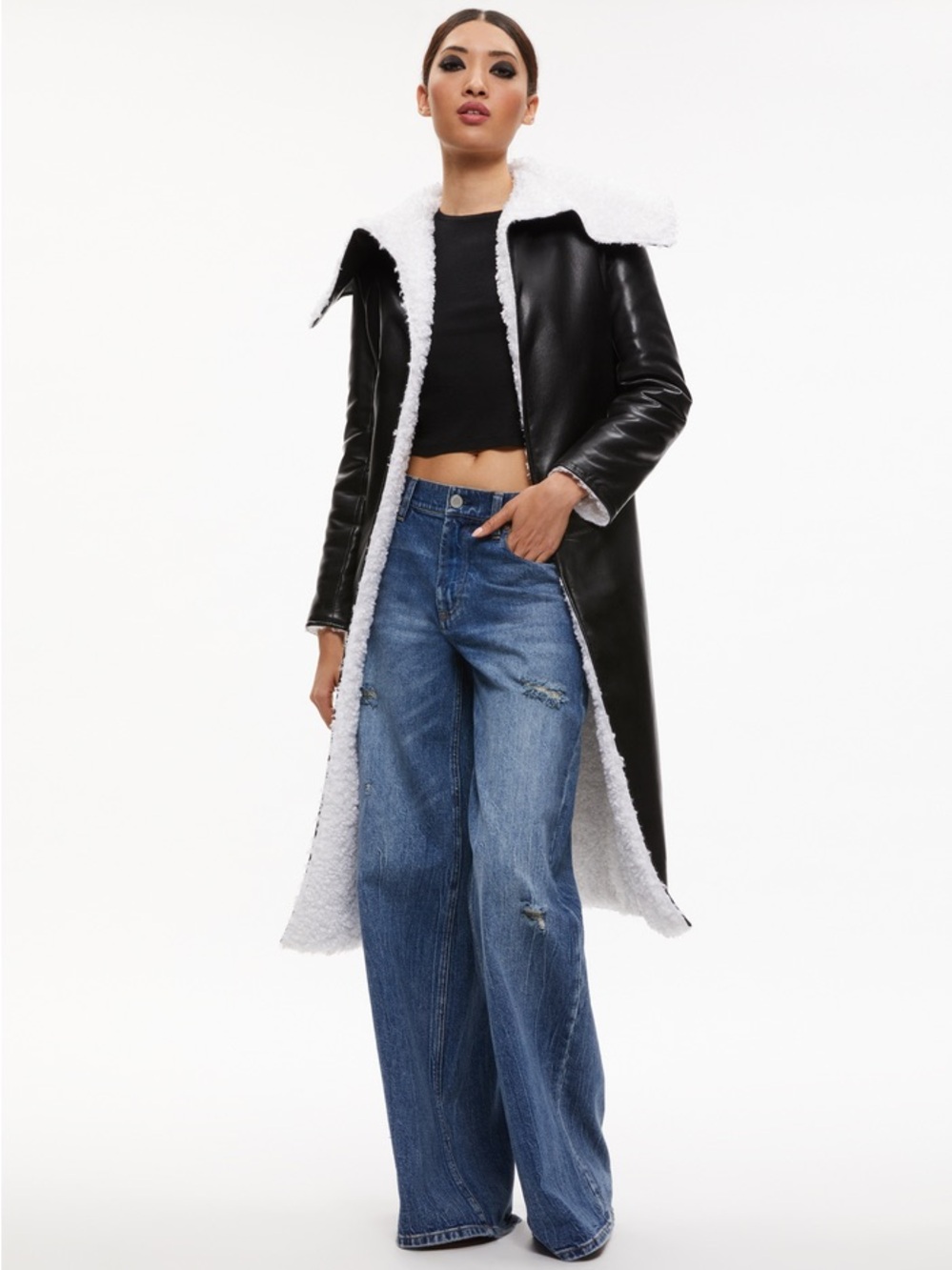 Alice + Olivia Black Vegan Leather Faux Shearling Long Coat
